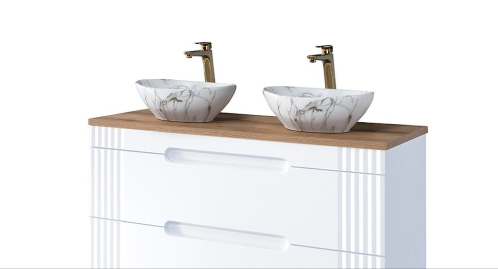 Fürdőszoba bútor szett dupla mosdóval – FIJI WHITE széles pult és két tálmosdó