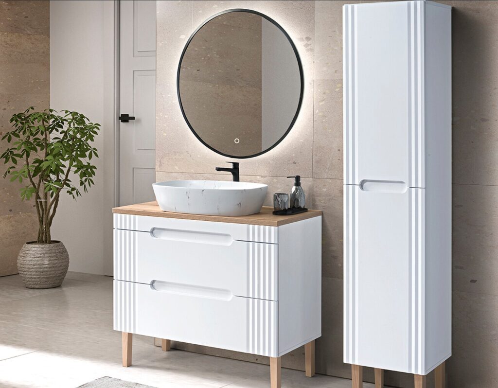 FIJI WHITE fürdőszobabútor szett – mosdószekrény, kerek tükör és magas szekrény
