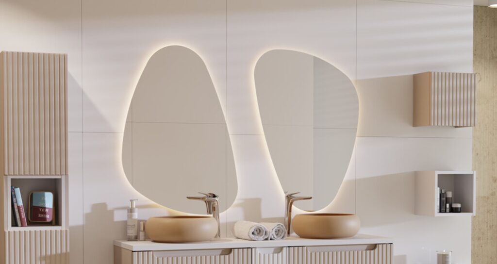 Fürdőszoba fali tükör modern 73×80 cm – RETRO 840 FSC Falitükör organikus formával – két mosdós, prémium fürdőszoba enteriőr