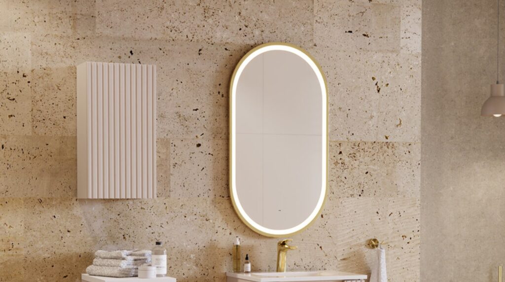 Fürdőszoba fali tükör modern 73×80 cm – RETRO 840 FSC LED fali tükör ovális formában – meleg tónusú, elegáns háttérrel