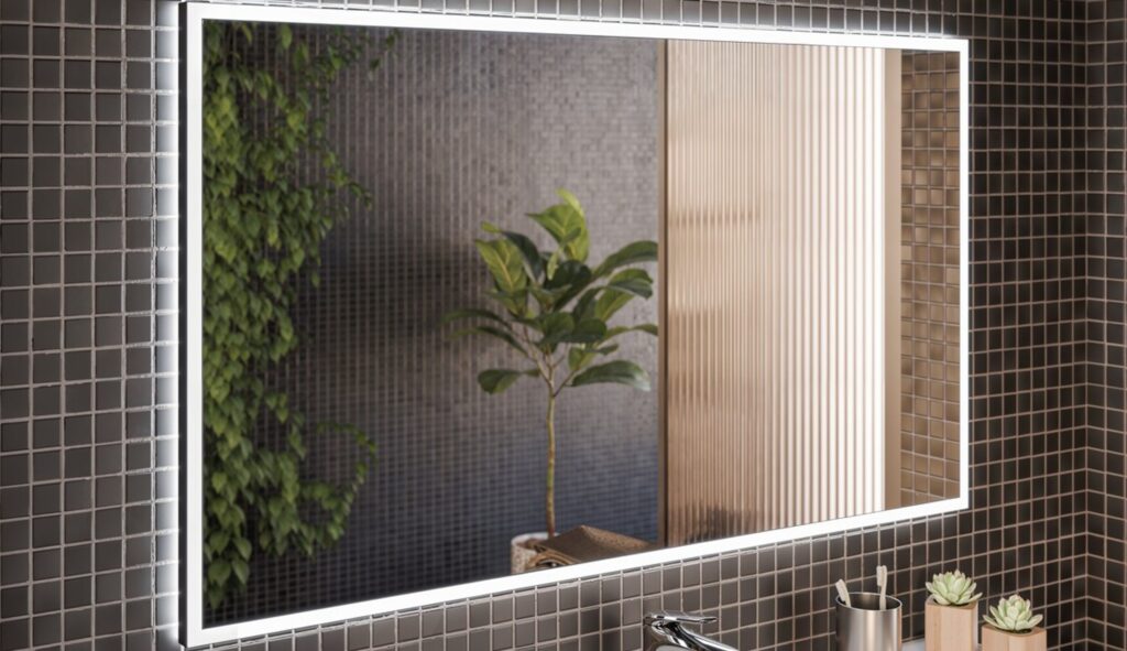 Fürdőszoba fali tükör modern 73×80 cm – RETRO 840 FSC LED fali tükör téglalap formában – modern mozaik falburkolaton