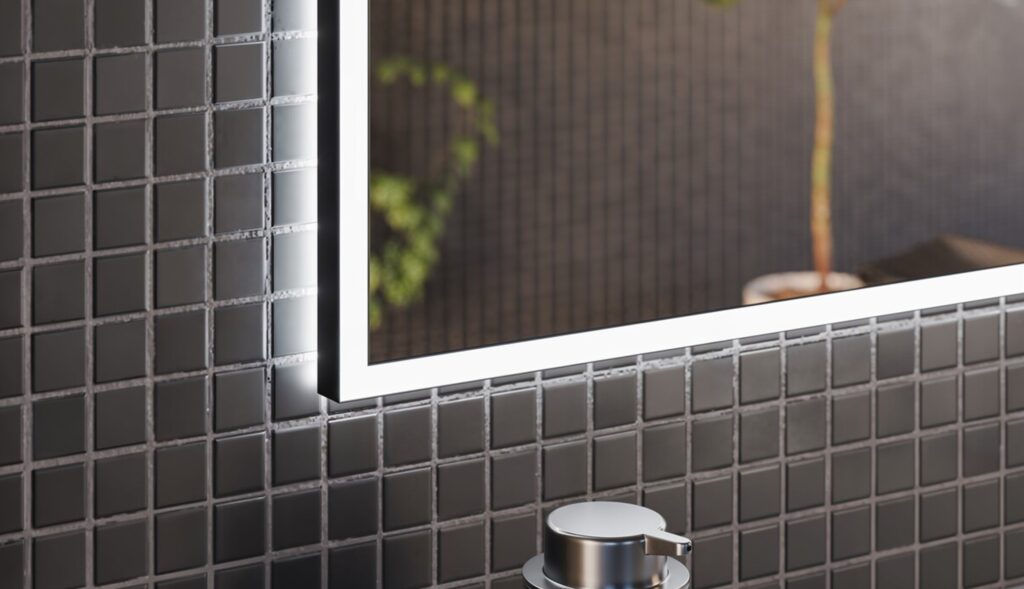 Fürdőszoba fali tükör modern 73×80 cm – RETRO 840 FSC Falitükör LED kerettel – közeli részlet mozaik csempés fürdőben