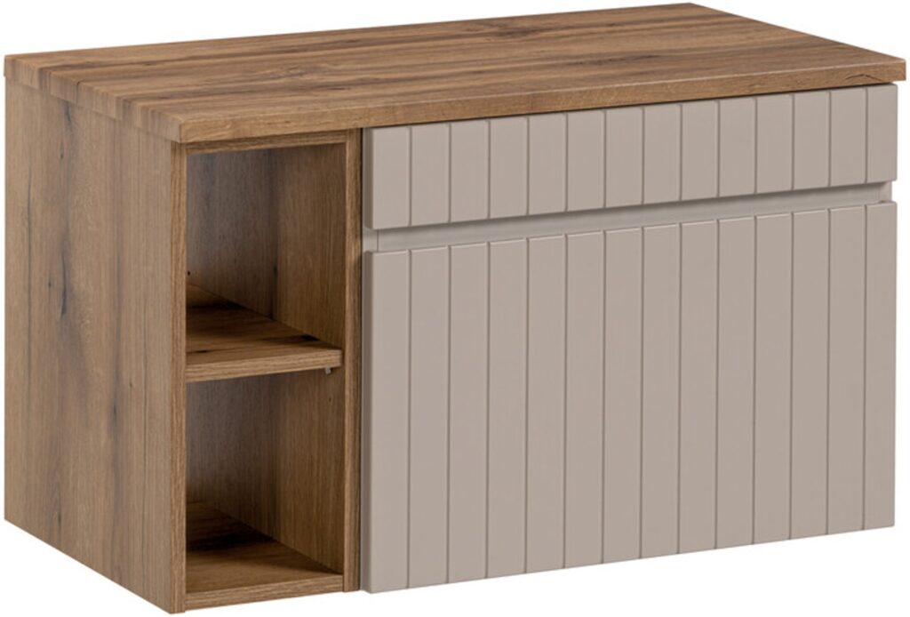 ICONIC CASHMERE elemes fürdőszoba bútor – mosdószekrény nyitott polccal, fa hatású tetőlappal