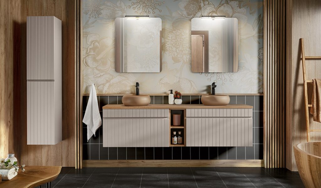 ICONIC CASHMERE fürdőszoba bútor szett – dupla mosdó, magas szekrény és tükrök világítással