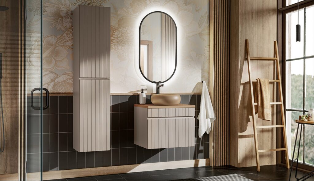 Elemes fürdőszobabútor kasmír színben – mosdószekrény tálmosdóval, ovális tükörrel