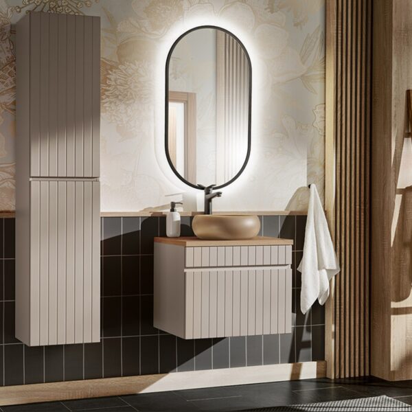 Elemes fürdőszobabútor kasmír színben – mosdószekrény tálmosdóval, ovális tükörrel