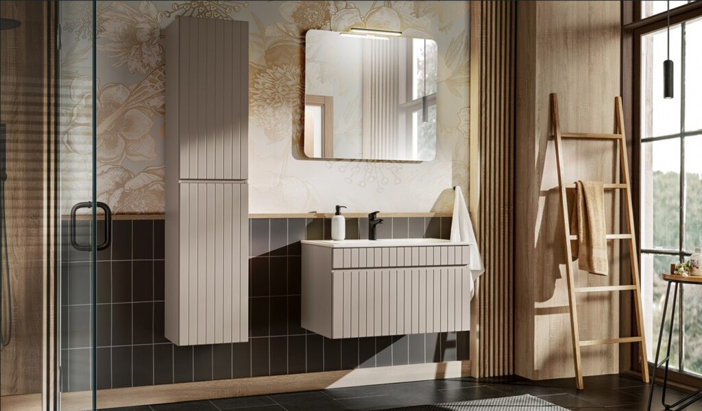 Modern fürdőszoba bútor – kasmír bordázott mosdószekrény, nagy tükör és magas szekrény