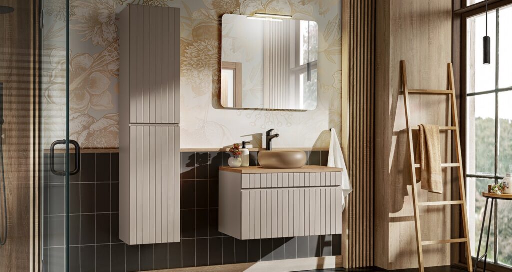 Fürdőszobabútor ICONIC CASHMERE – kasmír mosdószekrény tálmosdóval, fa hatású pulttal