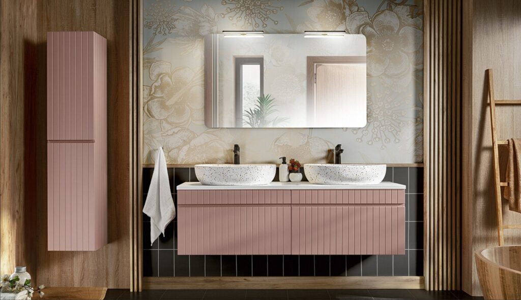 ICONIC ROSE dupla mosdós modern fürdőszobabútor – hosszú pulttal és magas szekrénnyel