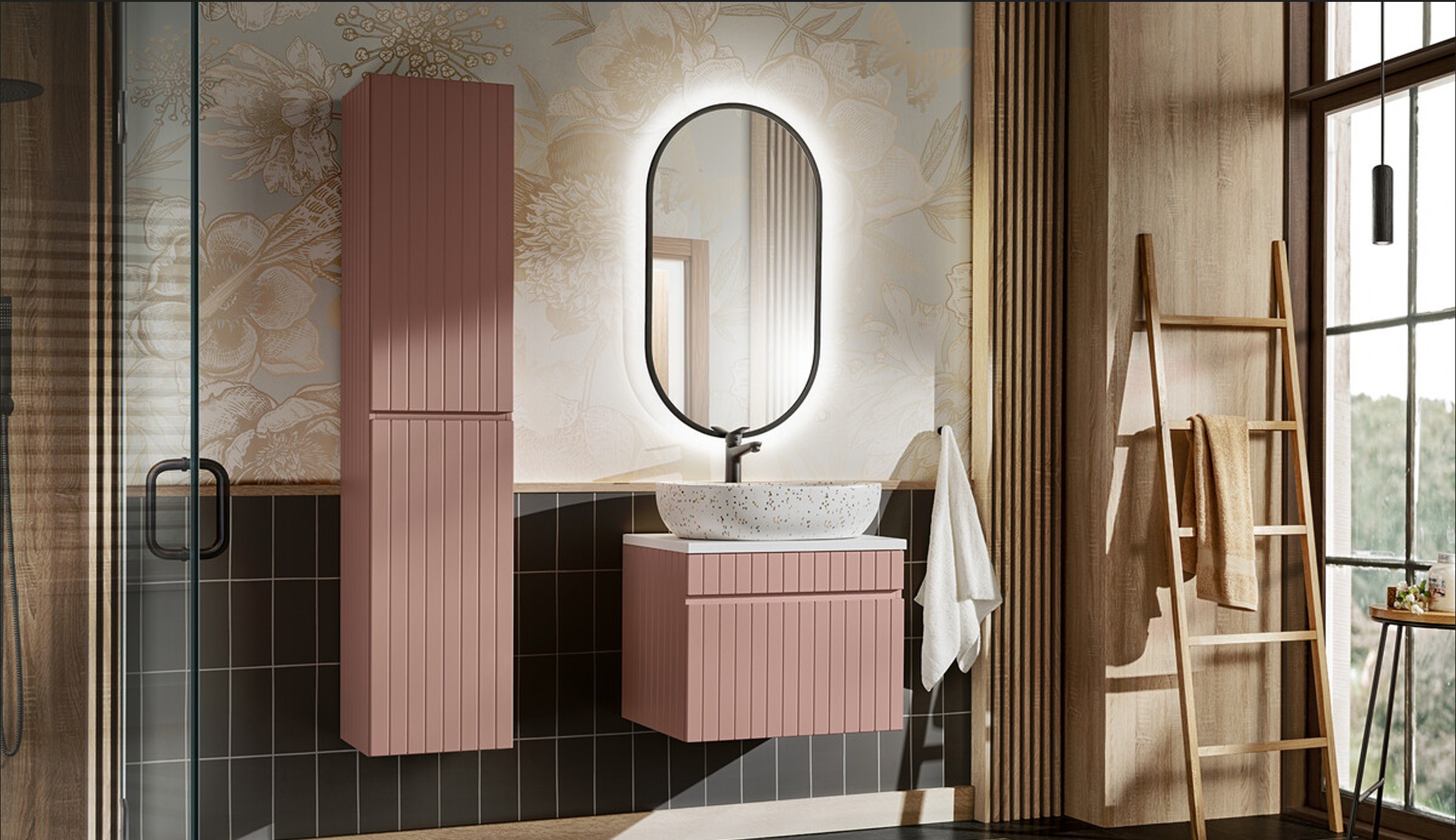 ICONIC ROSE elemes fürdőszoba bútor ovális LED tükörrel – modern szett ötlet