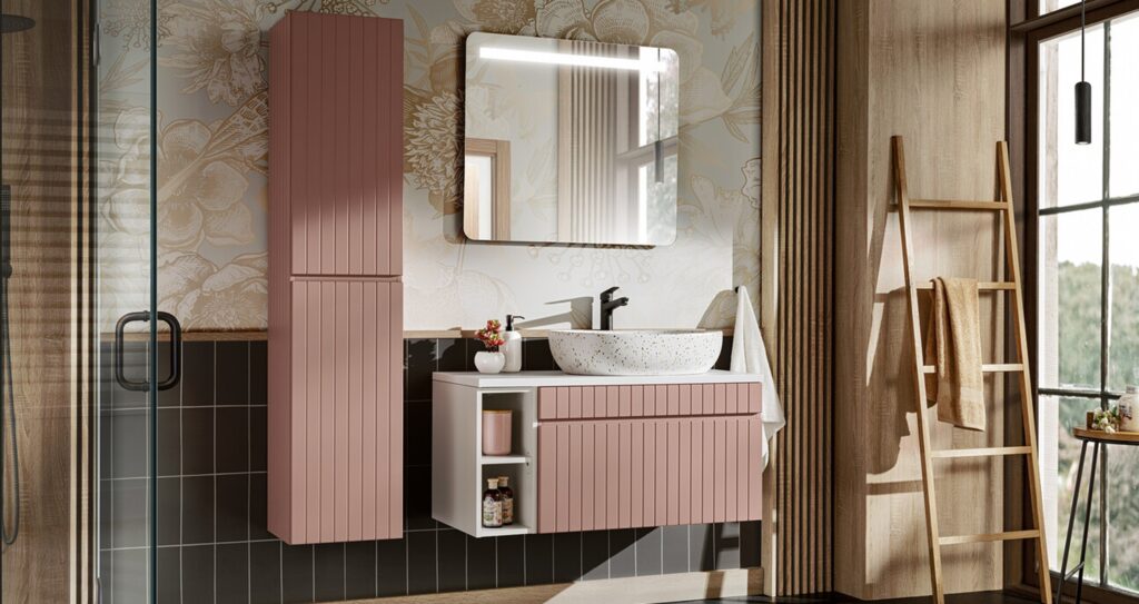 ICONIC ROSE fürdőszoba bútor szett magas szekrénnyel és mosdószekrénnyel – komplett összeállítás