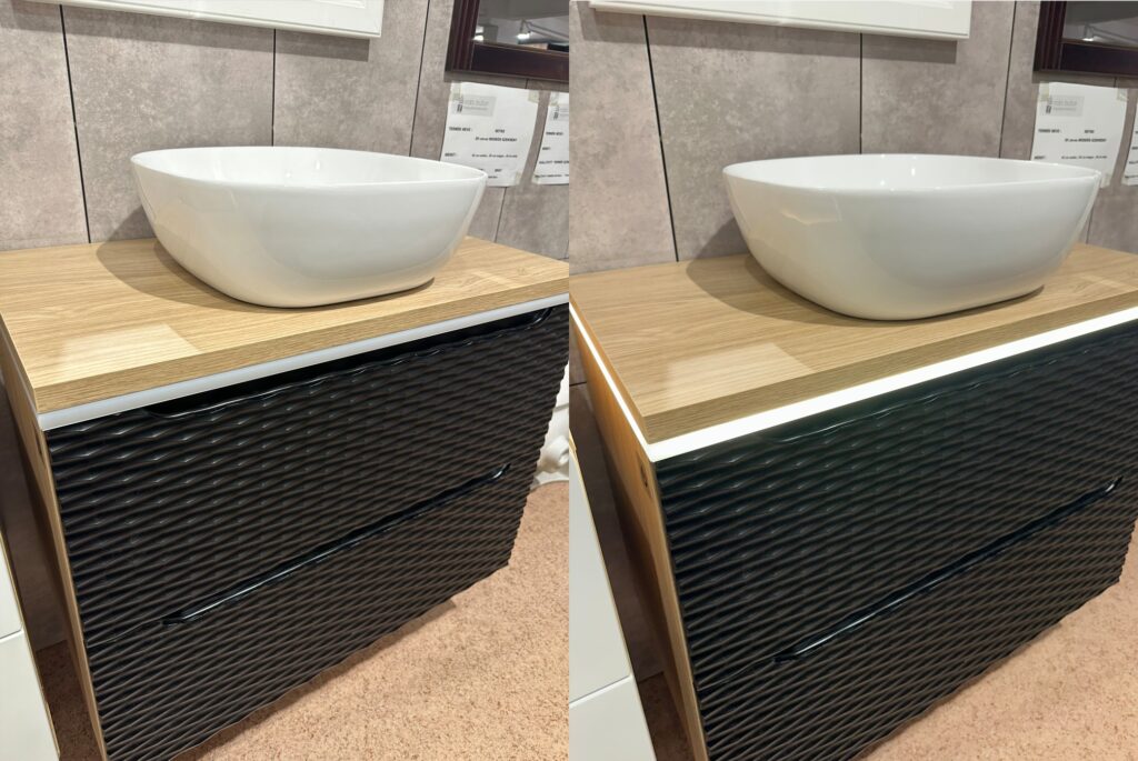 LED lámpa fürdőszoba világítás ALA 2 LED lámpa 60 cm – ALA 2 LAMPA LED 60CM Fürdőszoba világítás összehasonlítás – LED fény nélkül és LED fénycsíkkal a mosdópultnál