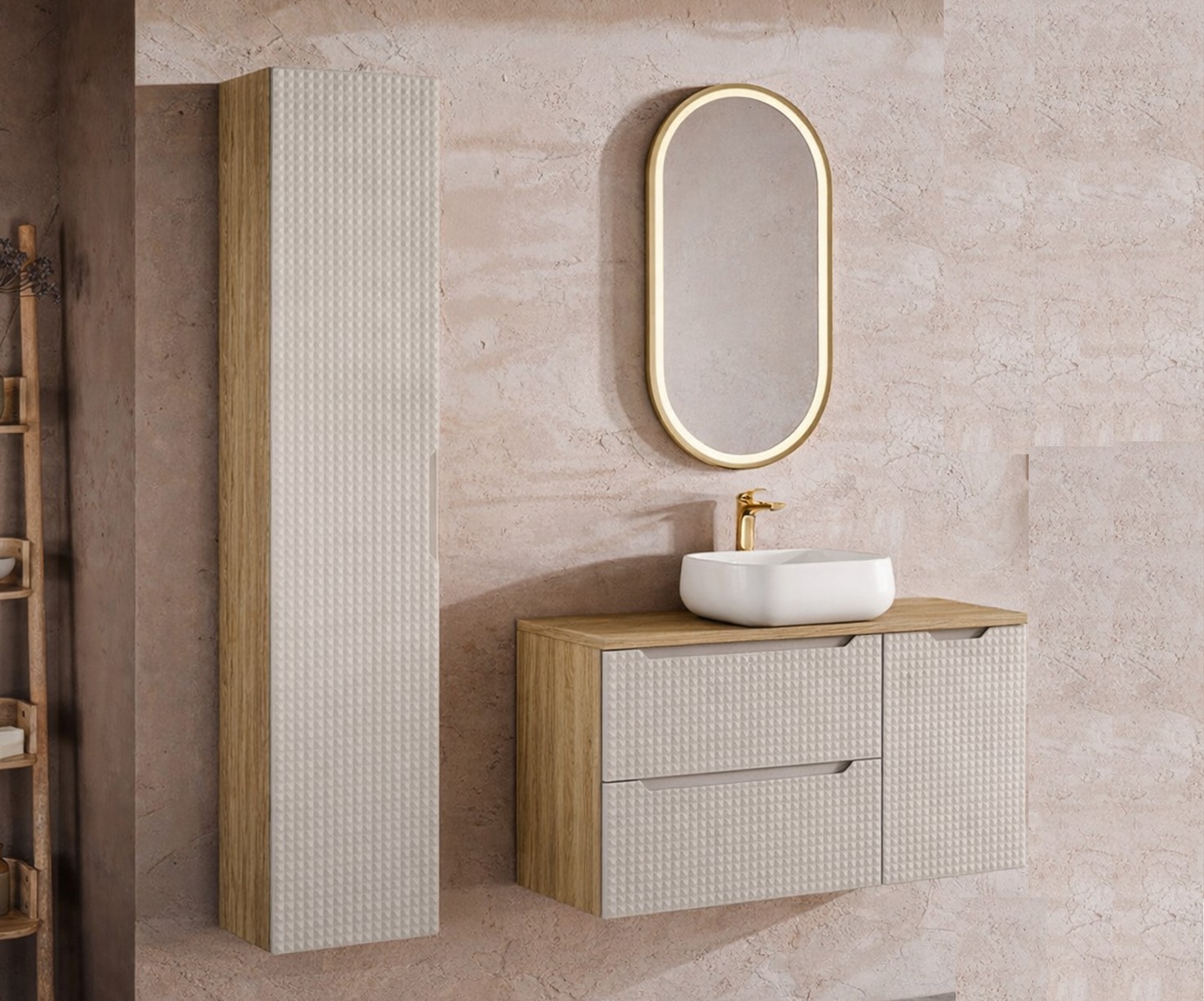 Luxor Beige fürdőszoba bútor – falra szerelt mosdószekrény és magas szekrény bézs fa hatással