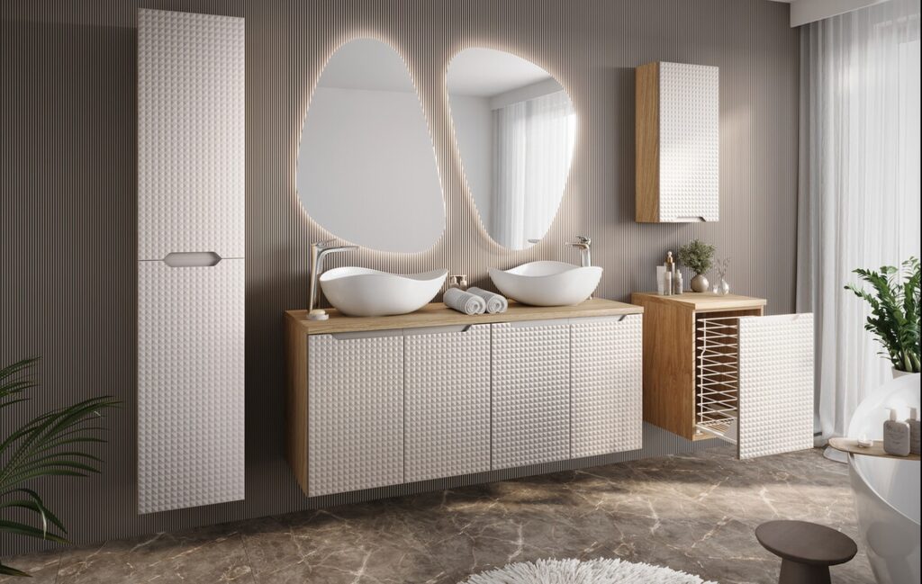 Luxor Beige fürdőszoba bútor szett – dupla mosdós szekrény és tároló elemek modern enteriőrben