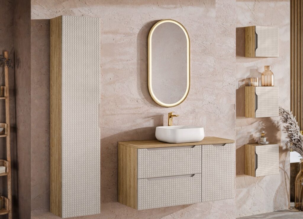 Luxor Beige elemes fürdőszoba bútor – mosdószekrény, magas szekrény és fali tárolók