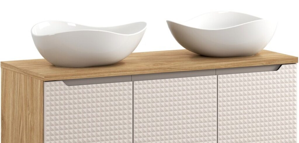 Luxor Beige fürdőszoba bútor – dupla mosdótálas pult és széles mosdószekrény közelről