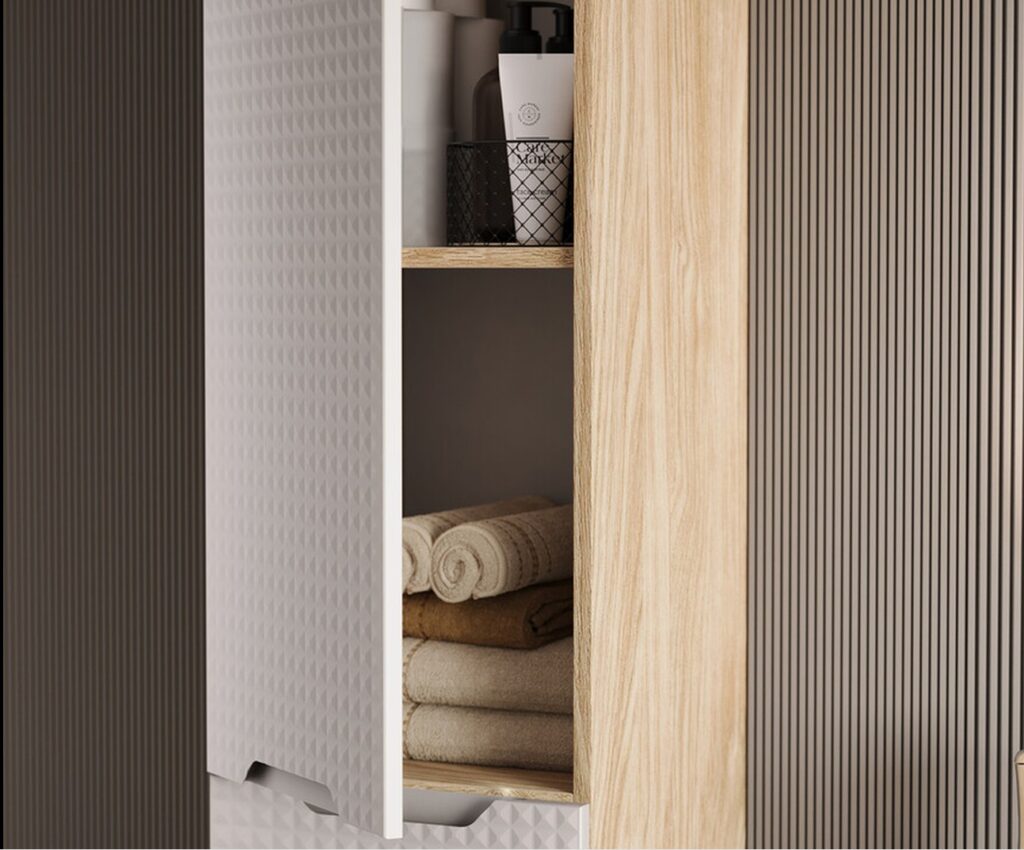 Luxor Beige fürdőszoba bútor – natúr pult és 3D mintás fehér front részletfotó