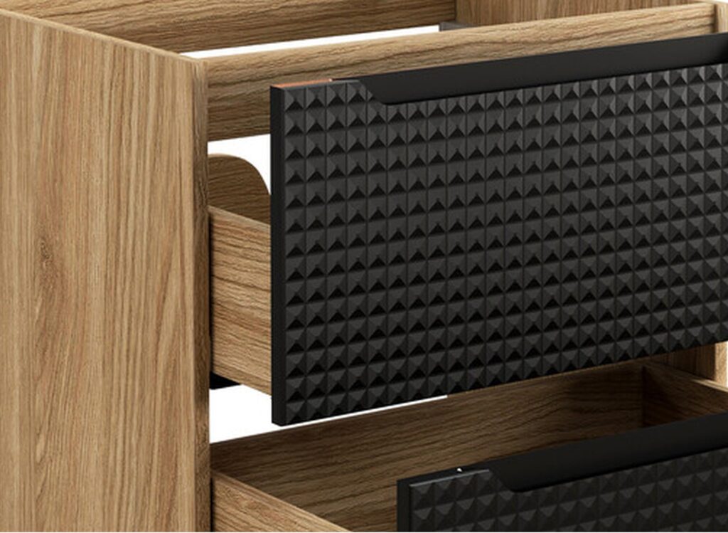 LUXOR BLACK fürdőszoba bútor szett 90 cm – OCEAN pultlappal, SLIM pultmosdó 60 (fekete) ( SET-LXBL B 90CM S UN SLIM BL ) LUXOR BLACK fürdőszoba bútor fiók – fekete 3D mintás front és tölgy belső