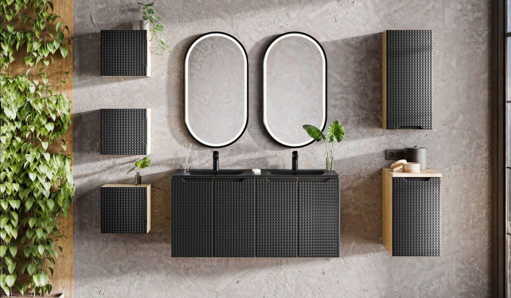 LUXOR BLACK fürdőszoba bútor szett 90 cm – OCEAN pultlappal, SLIM pultmosdó 60 (fekete) ( SET-LXBL B 90CM S UN SLIM BL ) LUXOR BLACK elemes fürdőszoba bútor – dupla tükör, mosdó és fali szekrények