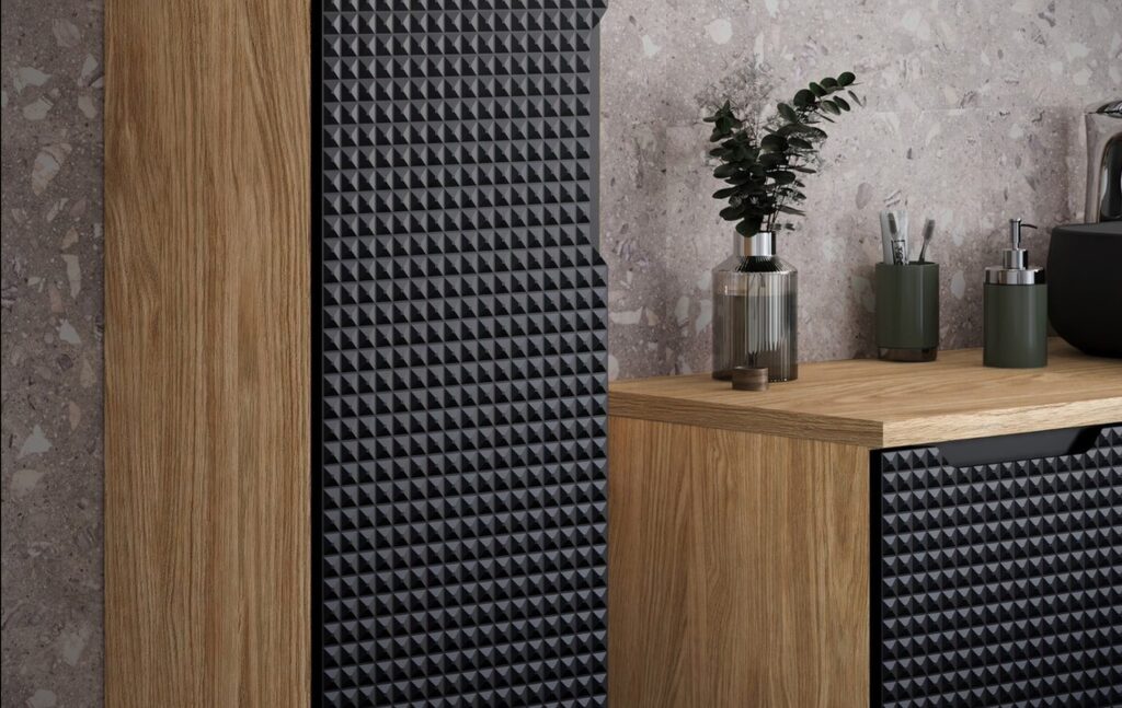 LUXOR BLACK fürdőszoba bútor szett 90 cm – OCEAN pultlappal, SLIM pultmosdó 60 (fekete) ( SET-LXBL B 90CM S UN SLIM BL ) LUXOR BLACK magas szekrény – fekete 3D front, tölgy korpusz fürdőszoba bútor