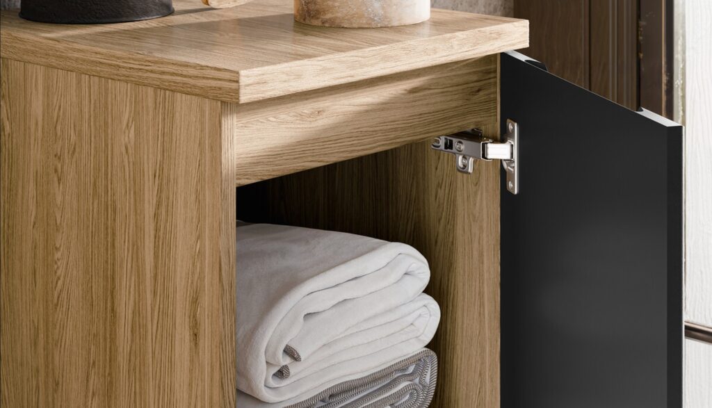 LUXOR BLACK fürdőszoba bútor szett 90 cm – OCEAN pultlappal, SLIM pultmosdó 60 (fekete) ( SET-LXBL B 90CM S UN SLIM BL ) LUXOR BLACK ajtós szekrény belső – soft close pánt, tölgy korpusz fürdőszoba bútor