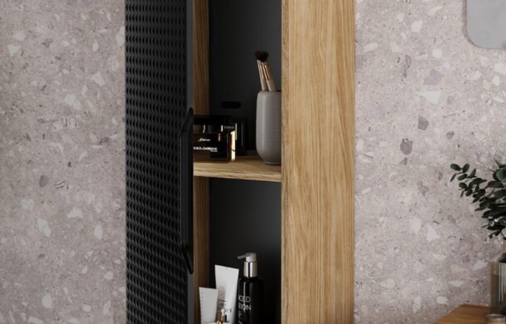 LUXOR BLACK fürdőszoba bútor szett 90 cm – OCEAN pultlappal, SLIM pultmosdó 60 (fekete) ( SET-LXBL B 90CM S UN SLIM BL ) LUXOR BLACK magas szekrény belső polcokkal – elemes fürdőszoba bútor