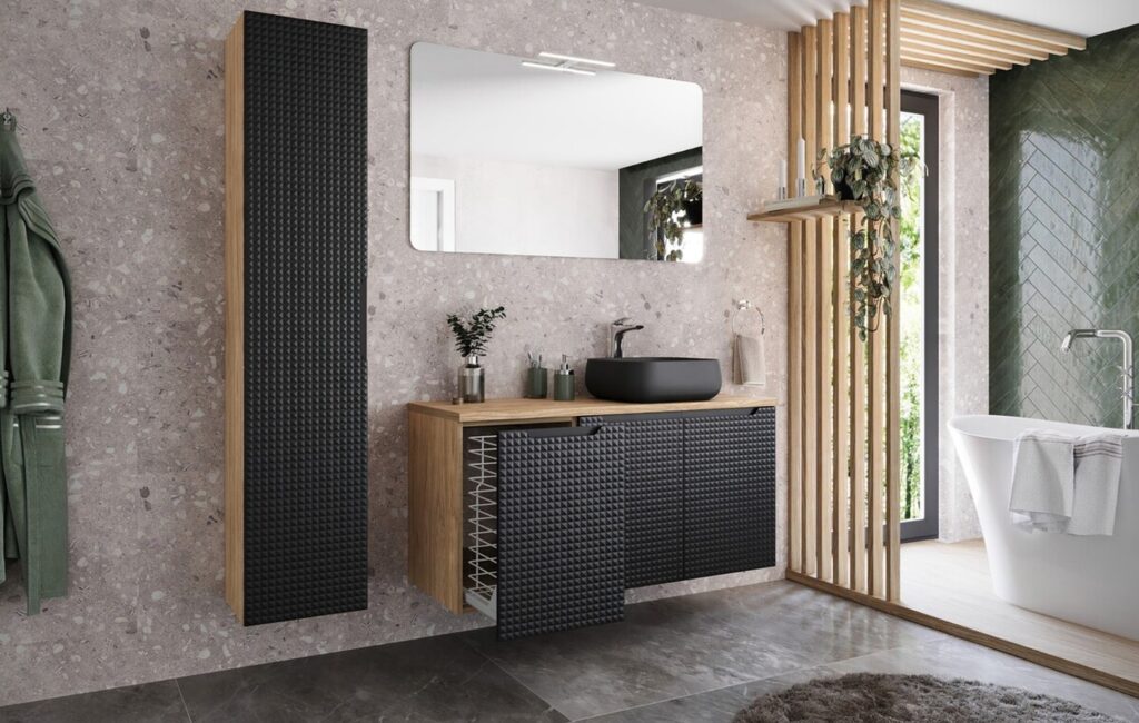 LUXOR BLACK fürdőszoba bútor szett 90 cm – OCEAN pultlappal, SLIM pultmosdó 60 (fekete) ( SET-LXBL B 90CM S UN SLIM BL ) LUXOR BLACK fürdőszoba bútor szett enteriőr – tükör, mosdó és magas szekrény