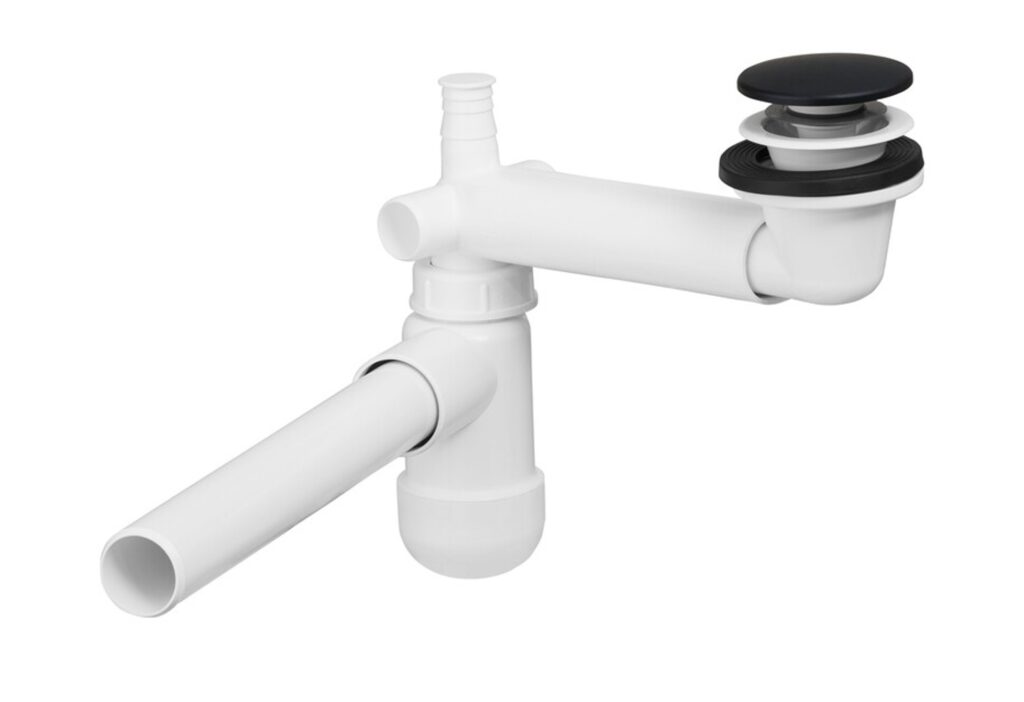 Mosdó szifon szaniter SYFON PRELOC 400 BLACK Mosdó szifon click-clack lefolyóval, fehér helytakarékos kivitel, fekete gomb