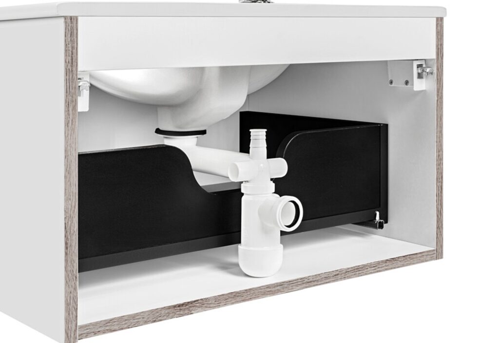 Mosdó szifon szaniter SYFON PRELOC 400 BLACK Mosdó lefolyó szaniter rendszer mosdószekrényben, fiók mögötti beépítéssel