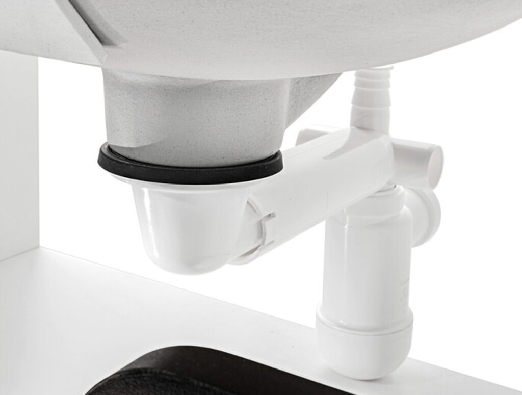 Mosdó szifon szaniter SYFON PRELOC 400 BLACK Mosdó alatti szifon közelről, csatlakozások és tömítések részlete