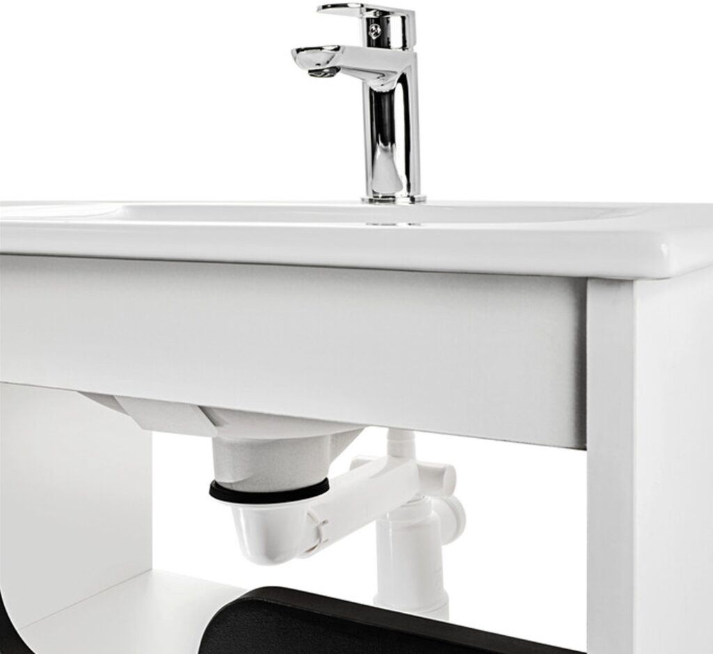 Mosdó szifon szaniter SYFON PRELOC 400 BLACK Teleszkópos szifon csatlakozási ponttal, oldalkimenet és bekötés részlet