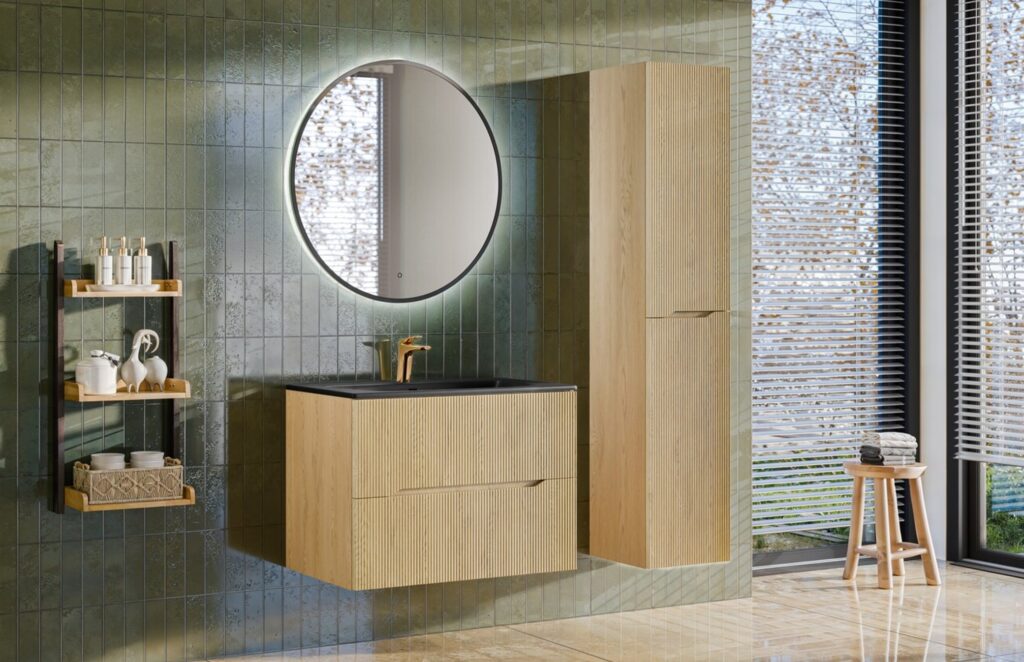 Nordic Cremona fürdőszoba bútor – kör alakú LED tükör, fekete pult és fiókos mosdóegység