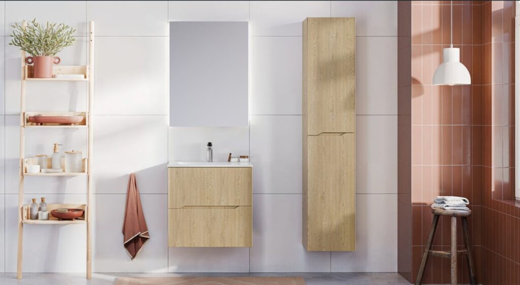 Elemes fürdőszoba bútor szett – Nordic Cremona mosdóegység tükörrel és magas szekrénnyel