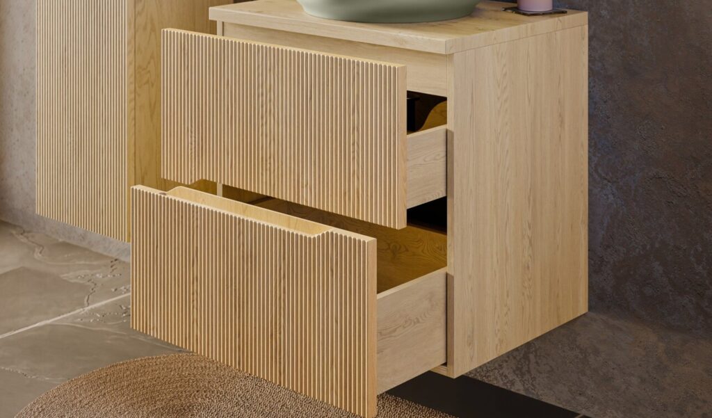 Modern fürdőszoba bútor – Nordic Cremona mosdós szekrény két fiókkal, nyitott állapotban