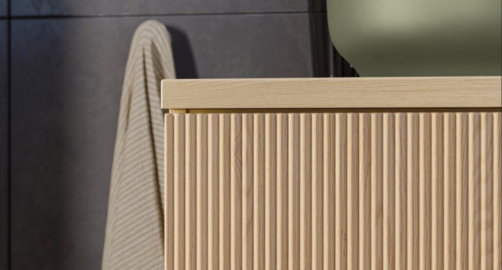 Fürdőszobabútor közelről – Nordic Cremona bordázott front és pultél részlet