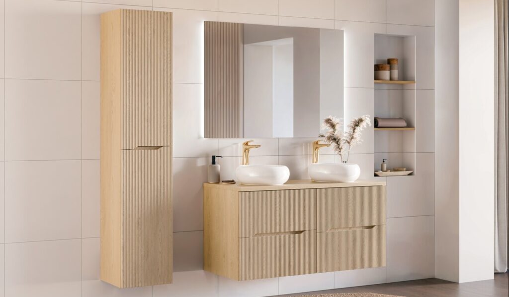 Fürdőszoba bútor szett – Nordic Cremona dupla mosdó, nagy tükör és magas szekrény