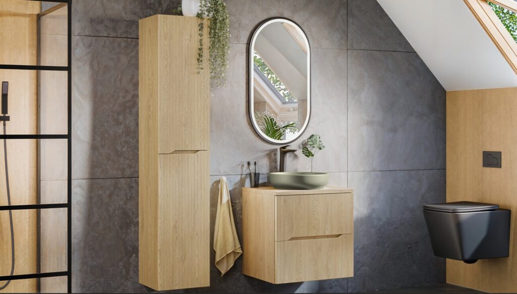 Modern fürdőszoba bútor – Nordic Cremona szett ovál tükörrel, zöld mosdótállal és magas szekrénnyel