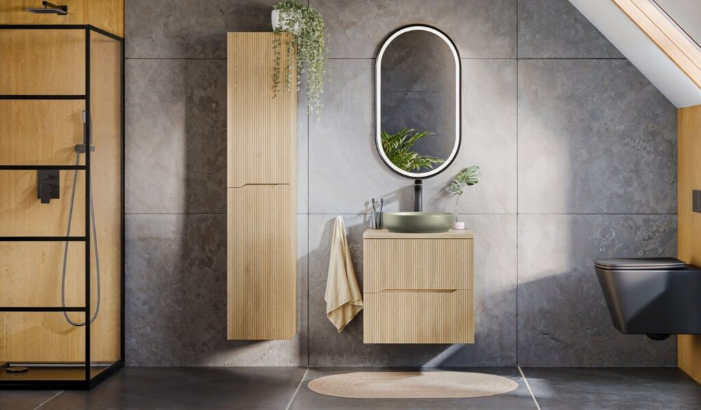 Fürdőszoba bútor enteriőr – Nordic Cremona mosdós szekrény és magas szekrény, zuhanykabin mellett