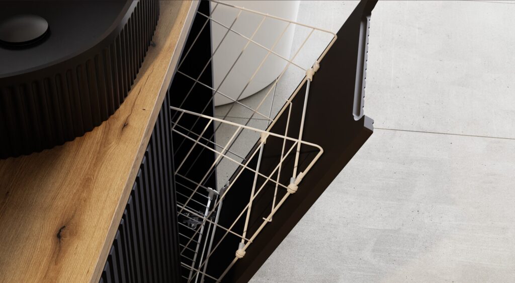 .Mosdószekrény 50cm 2 ajtó – NOVA BLACK fürdőszoba bútor NOVA BLACK D2 82-50-2D-NB Nova Black fürdőszoba bútor – szennyestartós elem kihúzható kosárral, fa pult mellett