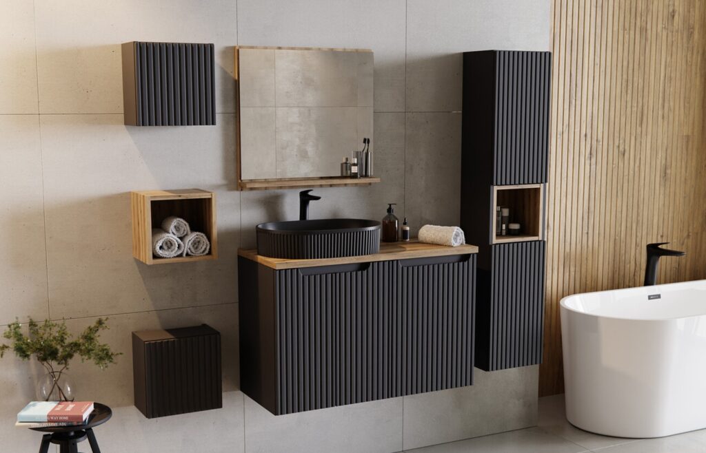 .Mosdószekrény 50cm 2 ajtó – NOVA BLACK fürdőszoba bútor NOVA BLACK D2 82-50-2D-NB Modern fürdőszoba bútor Nova Black – mosdószekrény fa pulttal, fekete tálmosdóval és tükrös megoldással