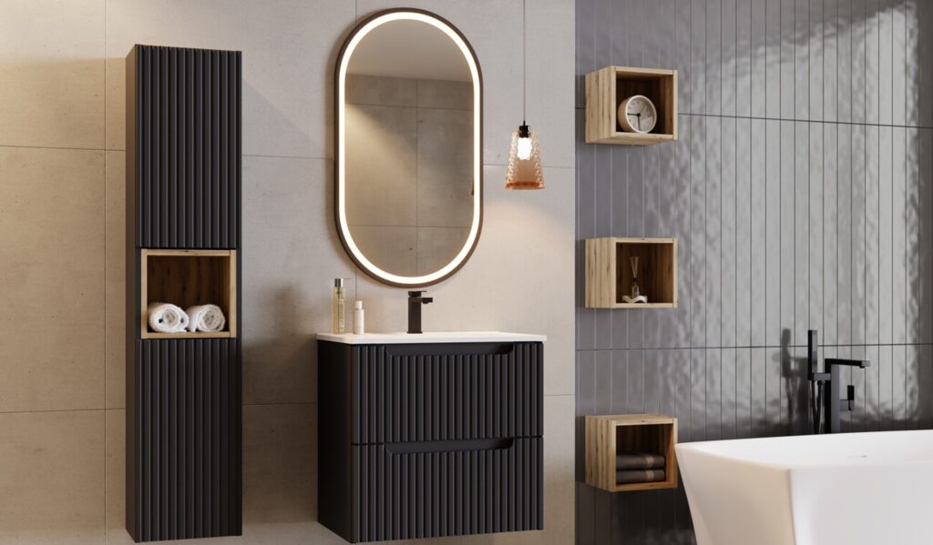 .Mosdószekrény 50cm 2 ajtó – NOVA BLACK fürdőszoba bútor NOVA BLACK D2 82-50-2D-NB Fürdőszobabútor Nova Black – bordázott fekete mosdószekrény, ovális LED tükör és magas szekrény