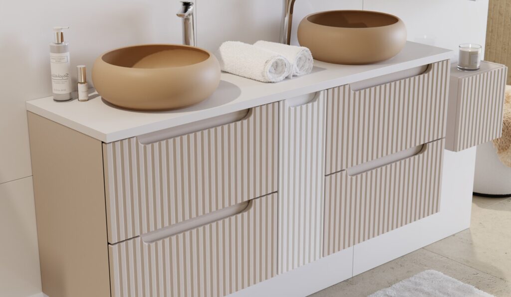 NOVA CASHMERE Qubik felső szekrény 30x30cm 1 ajtó NOVA CASHMERE 83-30-1DQ NOVA Cashmere dupla mosdós fürdőszoba bútor szett kasmír bordázott fronttal