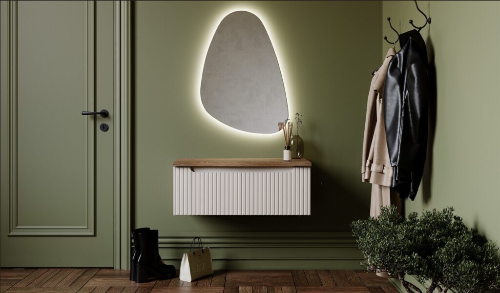 NOVA CASHMERE Qubik felső szekrény 30x30cm 1 ajtó NOVA CASHMERE 83-30-1DQ NOVA Cashmere lebegő komód előszobai elrendezésben LED tükörrel