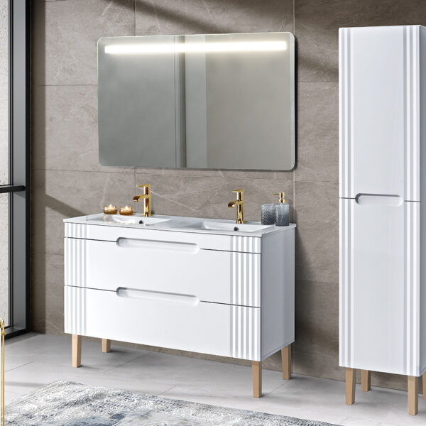 FIJI WHITE fürdőszoba bútor szett 120 cm – dupla mosdóval, LED tükörrel, magas szekrénnyel (SET-FW LAVA 120CM 1)