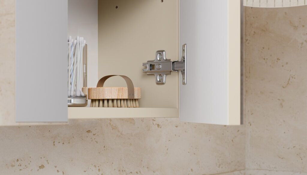 Fürdőszobai tükrös szekrény – 90 cm 3 ajtós, Cikkszám PLATINUM 840 FSC Fürdőszoba tükörszekrény belső részlet – polc és ajtópánt közelről