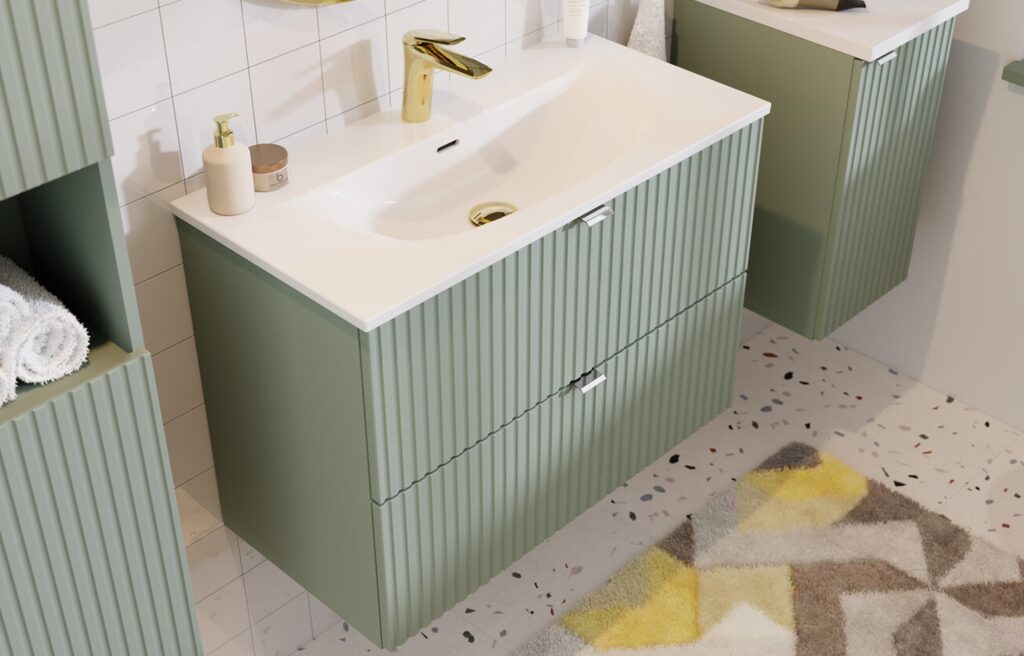 NOVA WHITE mosdószekrény 80 cm, 2 ajtó – NOVA WHITE 82-80-2D Bordázott, zöld fali mosdószekrény két fiókkal és fehér mosdóval, arany csapteleppel