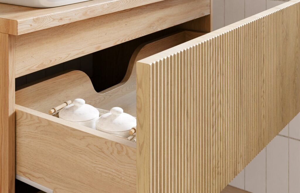 NOVA WHITE mosdószekrény 80 cm, 2 ajtó – NOVA WHITE 82-80-2D Fiók részlet fa hatású mosdó alatti szekrényben, bordázott fronttal és nagy tárolóval