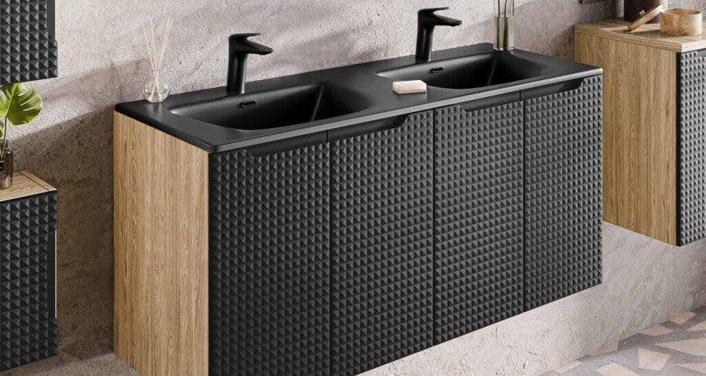 NOVA WHITE mosdószekrény 80 cm, 2 ajtó – NOVA WHITE 82-80-2D Dupla mosdó alatti szekrény fekete 3D mintás fronttal és fa hatású oldalakkal