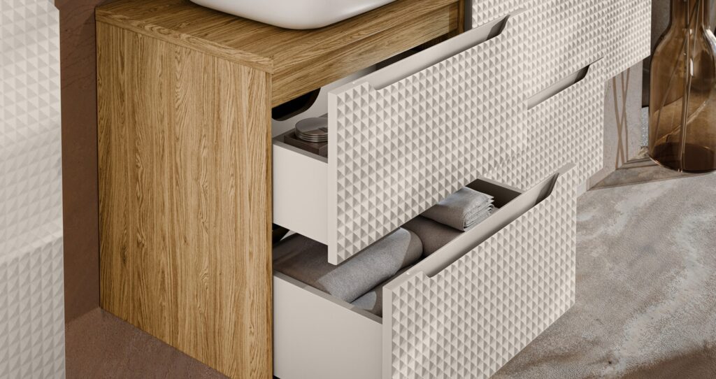 NOVA WHITE mosdószekrény 80 cm, 2 ajtó – NOVA WHITE 82-80-2D Mosdószekrény 60 cm jellegű fiókos megoldás fehér 3D mintás fronttal és fa hatású korpusszal