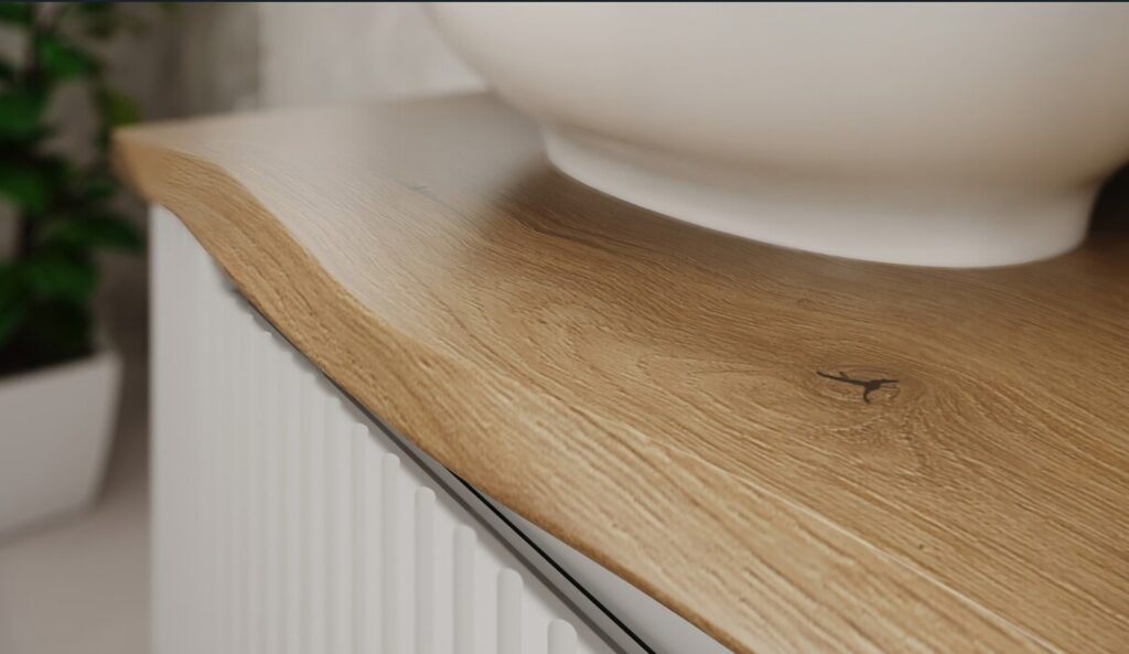 Világos fa hatású mosdószekrény pultlap fehér tálmosdóval – íves élkialakítás